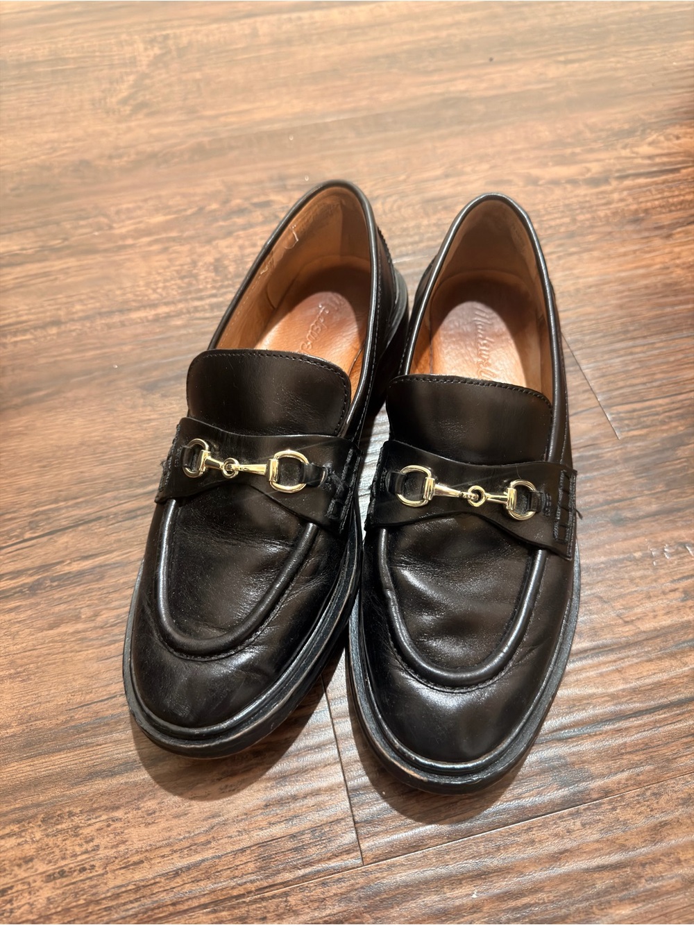 Madewell Black Leather Loafers with Gold Hardware